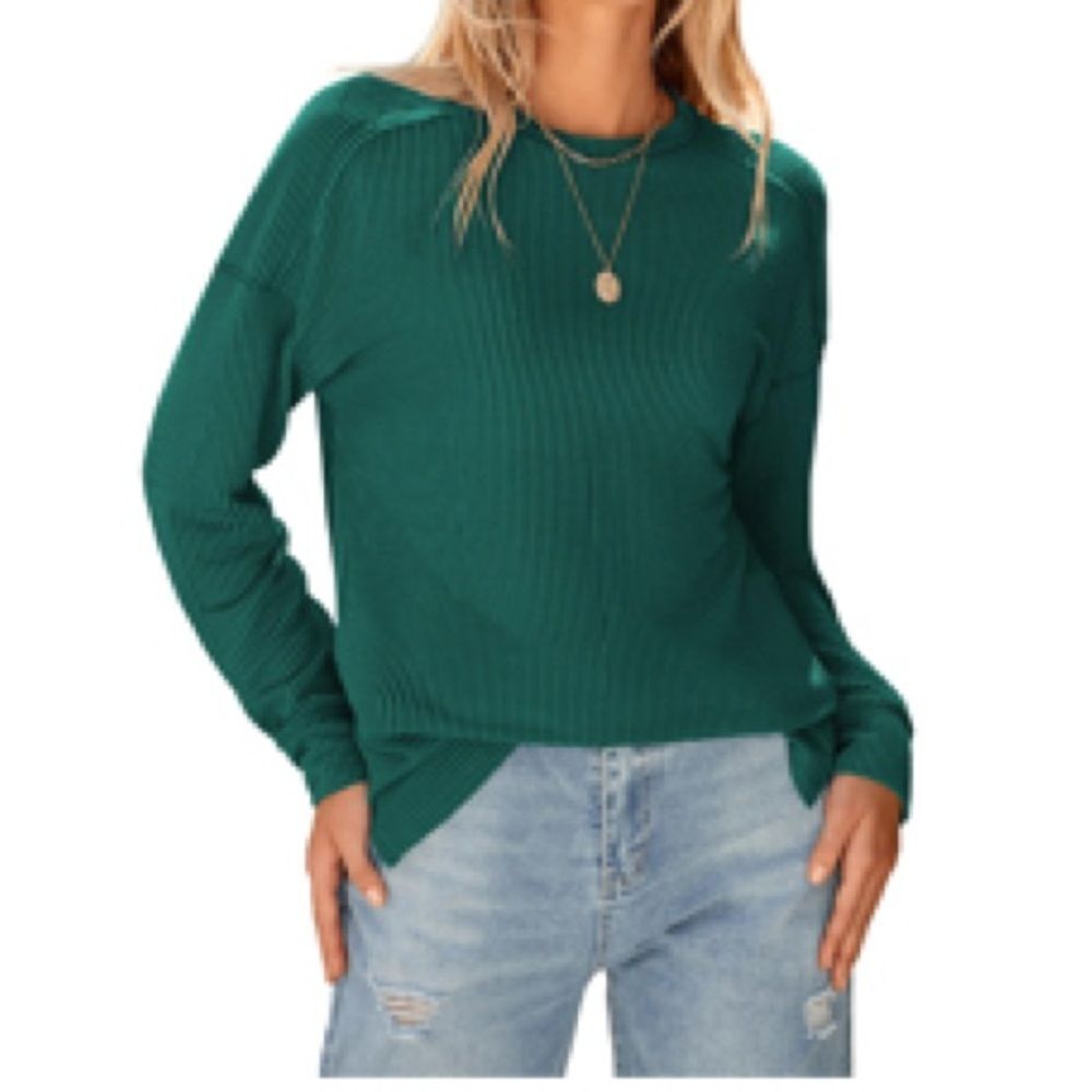Green Ribbed Long Sleeve Top, L, 12I-129T002
